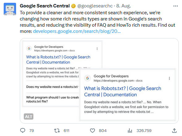 Twitter Screenshot - Google reduziert Rich Results für FAQs und HowTos