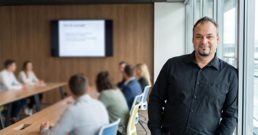 Headerbild: Autor André Kremer bei einem Vortrag