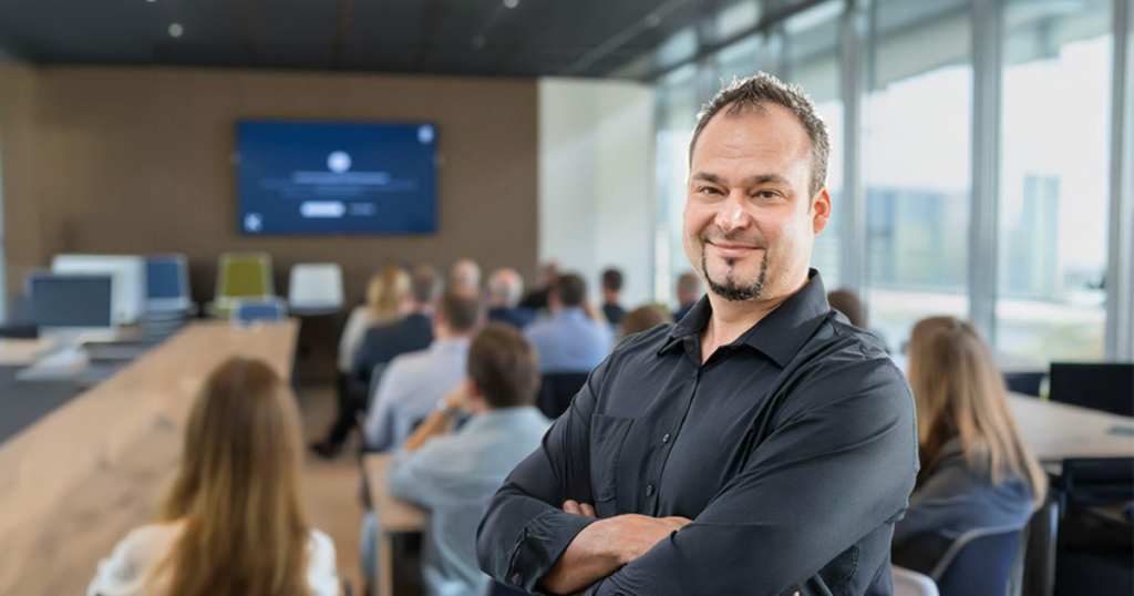 Autor André Kremer bei einem Vortrag