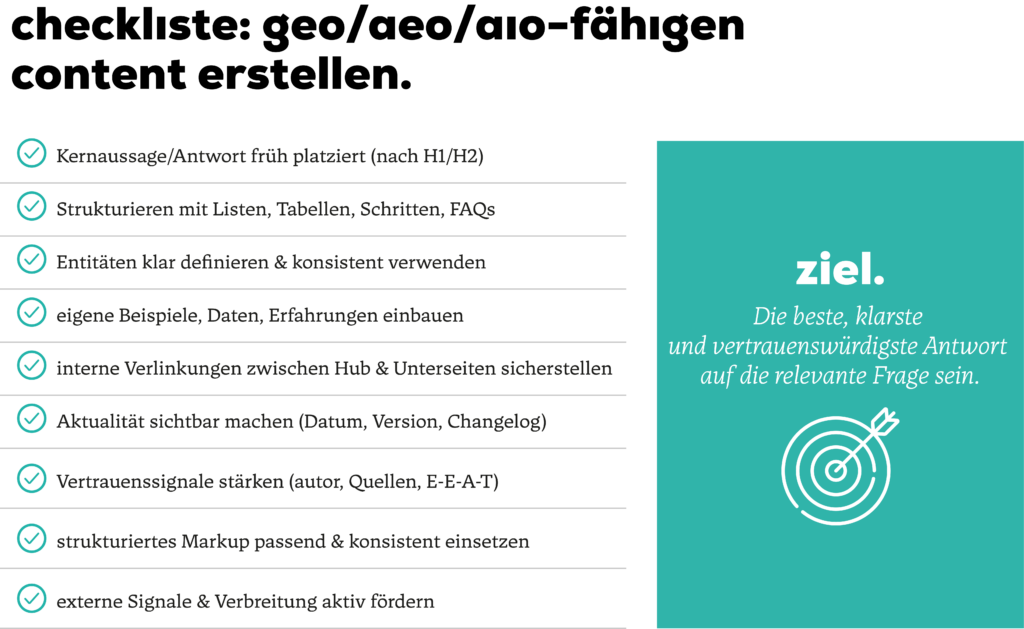 Checkliste um GEO/AEO/AIO-fähigen Content zu erstellen