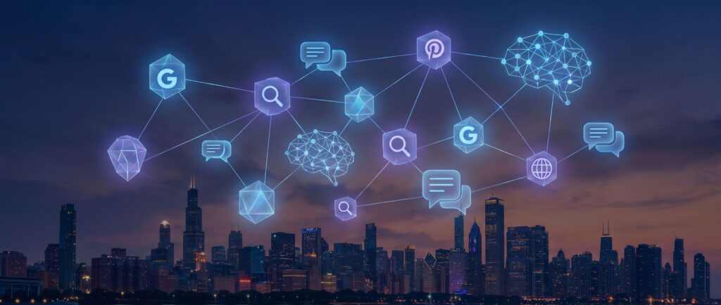 Knowledge Graph mit vernetzten Entitäten symbolisiert GEO AEO und AIO als neue Ära der Suche