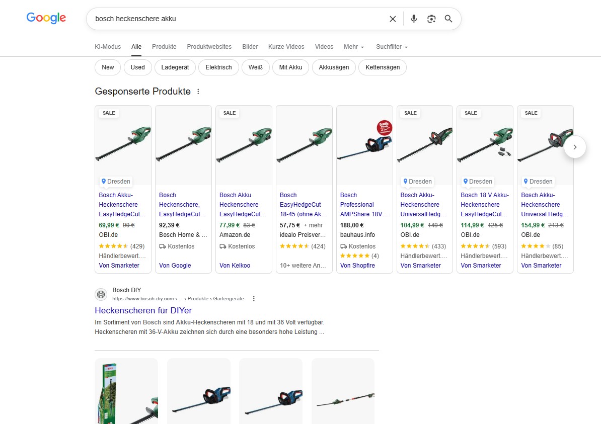 Google-Screenshot der SERP-Analyse von bosch akku heckenschere
