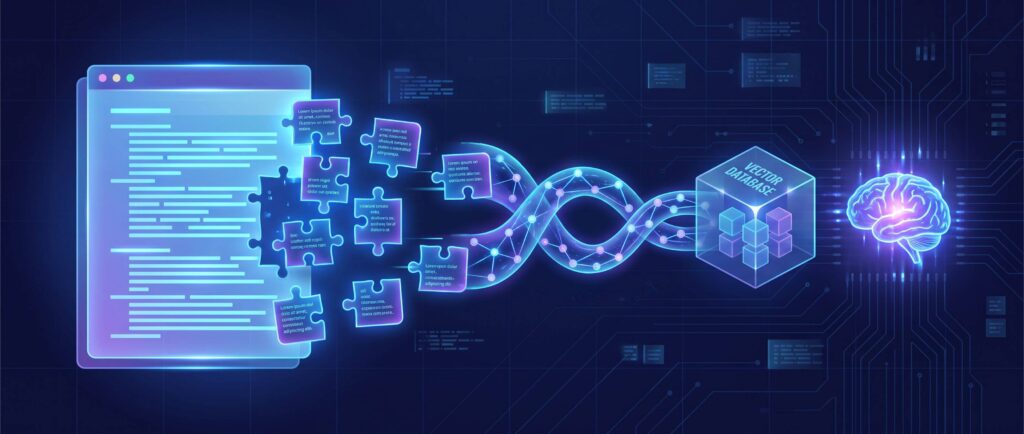 Visualisierung der RAG-Pipeline: Ein Dokument wird in einzelne semantische Passagen zerlegt und von einer KI verarbeitet