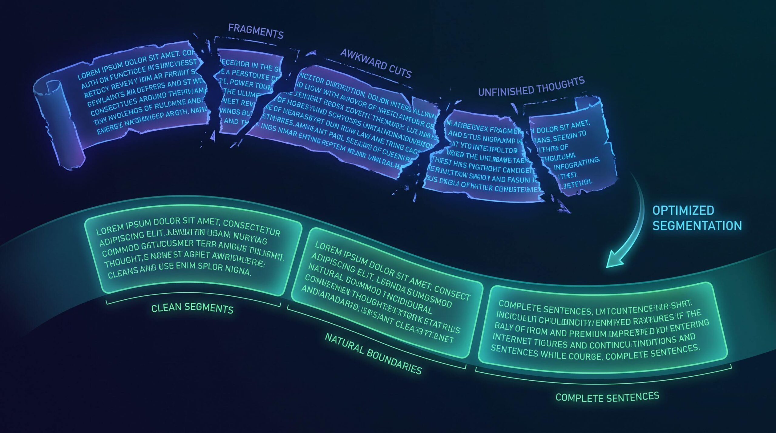 Vergleich von unsauberen und semantisch sauberen Chunk-Grenzen bei der Textsegmentierung durch RAG-Systeme.