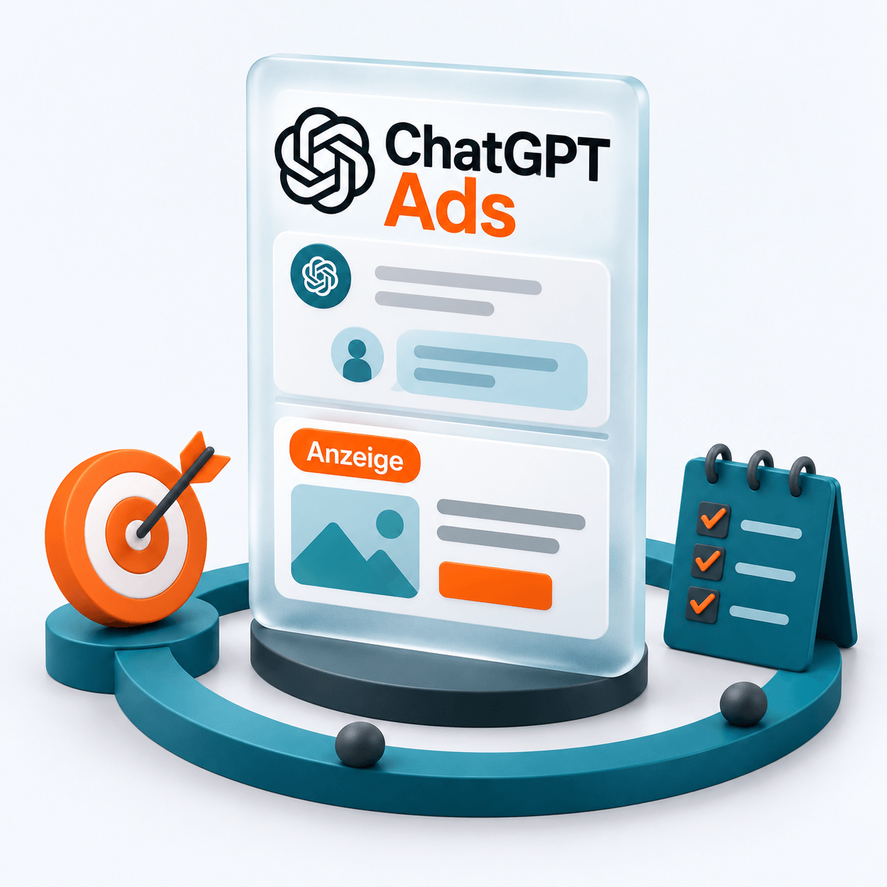 ChatGPT Ads planen und betreuen ChatGPT-Ads-Illustration mit Anzeigenkarte, Zielscheibe und Checkliste für die Kampagnenplanung