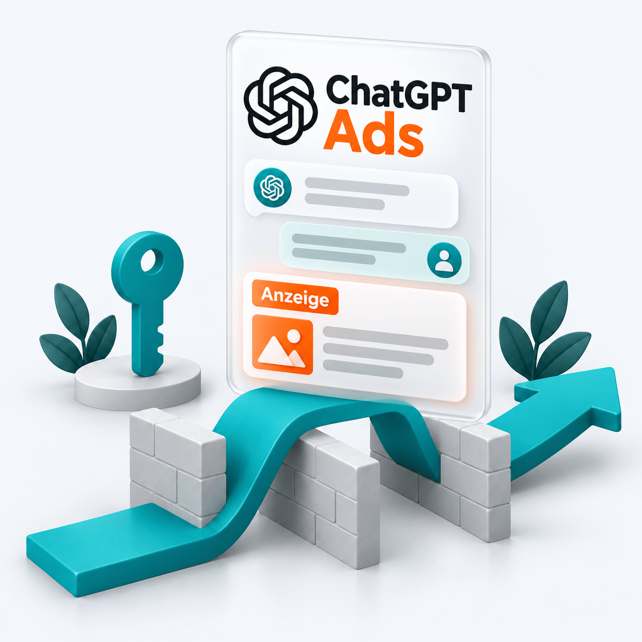 Unterstützung beim Einstieg in ChatGPT Ads ChatGPT-Anzeigenkarte auf einer Brücke über Hindernisse mit einem Schlüssel als Symbol für den Kontozugang